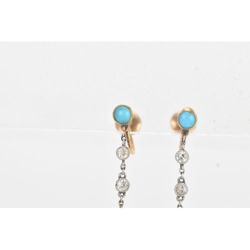 12 - A pair of Victorian turquoise and old cut diamond drop 15ct gold earrings, each with a turquoise cab... 