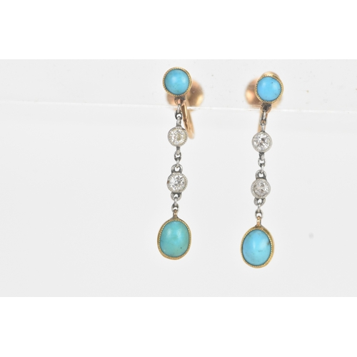 12 - A pair of Victorian turquoise and old cut diamond drop 15ct gold earrings, each with a turquoise cab... 