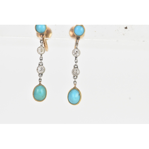 12 - A pair of Victorian turquoise and old cut diamond drop 15ct gold earrings, each with a turquoise cab... 