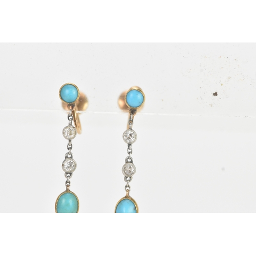 12 - A pair of Victorian turquoise and old cut diamond drop 15ct gold earrings, each with a turquoise cab... 