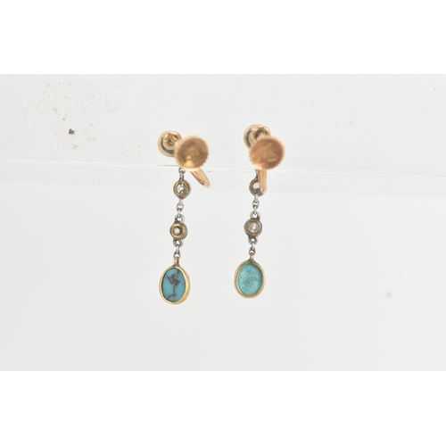 12 - A pair of Victorian turquoise and old cut diamond drop 15ct gold earrings, each with a turquoise cab... 