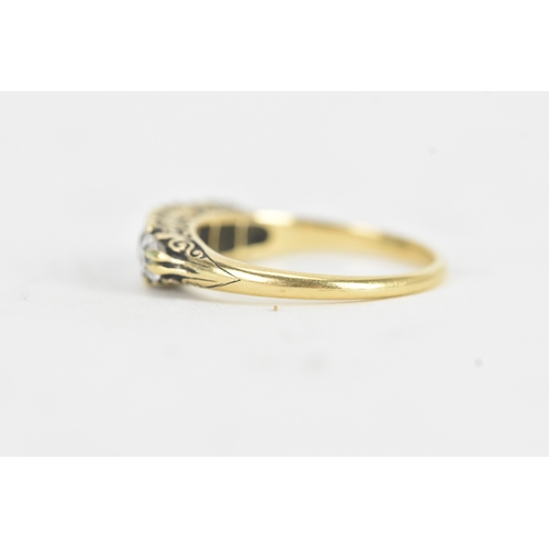 14 - A late 19th/early 20th century diamond yellow gold engagement ring, unmarked, set with five graduate... 