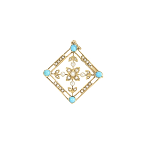 21 - An Edwardian turquoise and seed pearl 15ct gold pendant, of openwork lozenge form, the four corners ... 