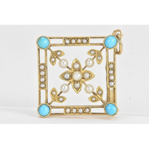 21 - An Edwardian turquoise and seed pearl 15ct gold pendant, of openwork lozenge form, the four corners ... 