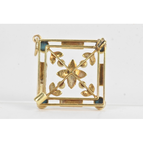 21 - An Edwardian turquoise and seed pearl 15ct gold pendant, of openwork lozenge form, the four corners ... 