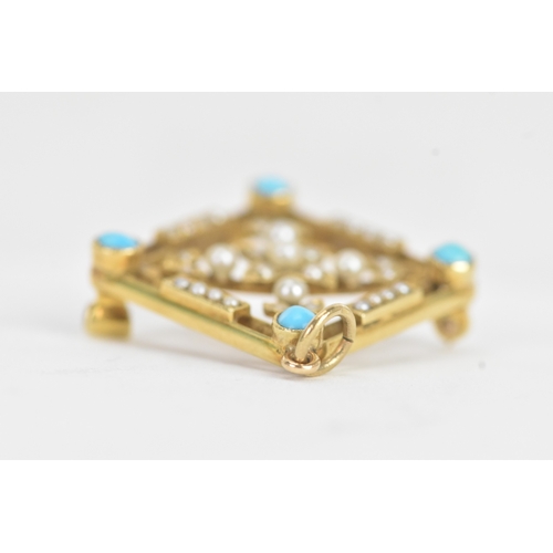 21 - An Edwardian turquoise and seed pearl 15ct gold pendant, of openwork lozenge form, the four corners ... 