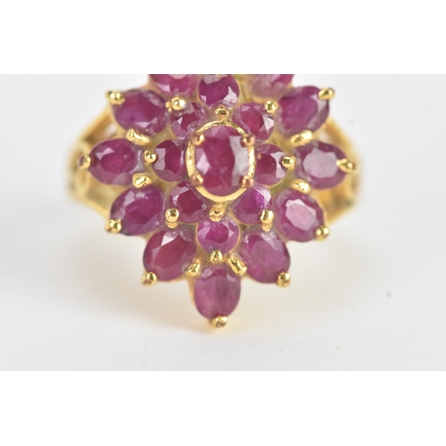 29 - A ruby 18ct yellow gold cluster dress ring, of radiating flower head design, set with twenty-one rub... 