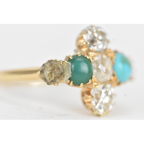 34 - A Victorian diamond and turquoise 18ct yellow gold cluster ring with three old cut claw set diamonds... 