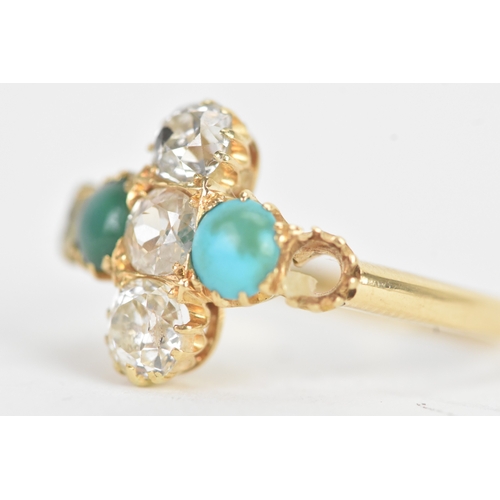 34 - A Victorian diamond and turquoise 18ct yellow gold cluster ring with three old cut claw set diamonds... 