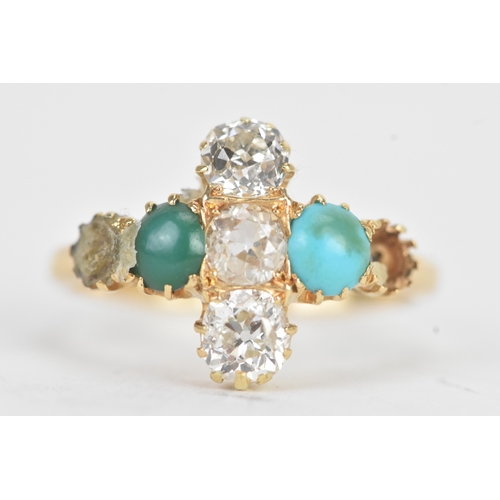 34 - A Victorian diamond and turquoise 18ct yellow gold cluster ring with three old cut claw set diamonds... 