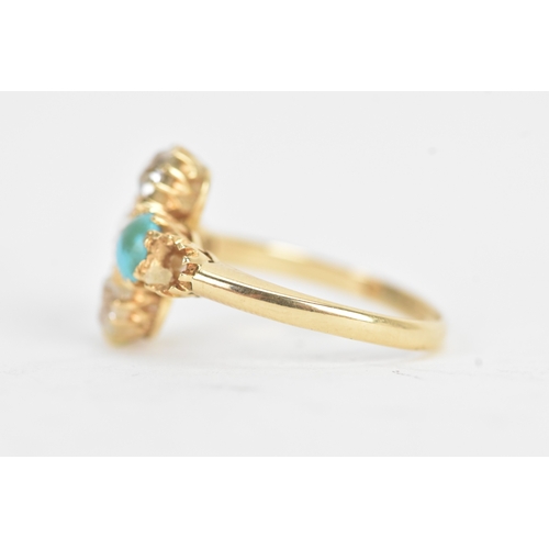 34 - A Victorian diamond and turquoise 18ct yellow gold cluster ring with three old cut claw set diamonds... 