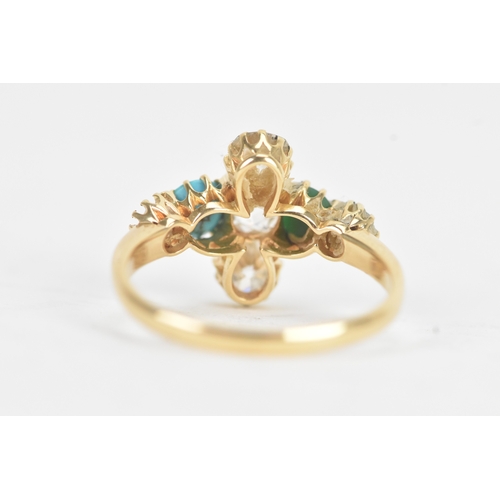 34 - A Victorian diamond and turquoise 18ct yellow gold cluster ring with three old cut claw set diamonds... 