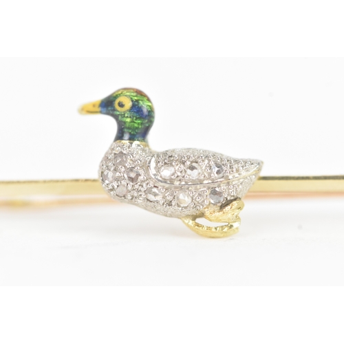 42 - A late 19th/early 20th diamond and enamel, 15ct yellow gold and platinum bar brooch, mounted with a ... 