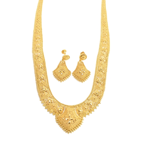 A yellow gold filigree necklace and matching pair of drop earrings, testing as 20-22ct gold, the necklace having an articulated band of repeating heart-shaped and foliate openwork panels with beaded borders, centred by a filigree pendant, the earrings of conforming design with circular surmounts, each testing as 22ct gold, the necklace stamped KDM, 62cm long, one earring stamped 916 and the other KDM, combined weight 77.4 grams 
If there is no condition report shown, please request.