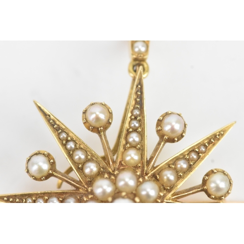 51 - A Victorian celestial pearl and yellow metal starburst brooch/pendant tested as 18ct gold, features ... 