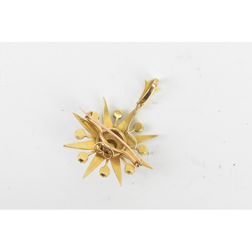 51 - A Victorian celestial pearl and yellow metal starburst brooch/pendant tested as 18ct gold, features ... 