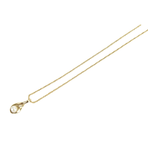 54 - A pearl and diamond 14ct yellow gold pendant, on an 18ct yellow gold herringbone woven link necklace... 