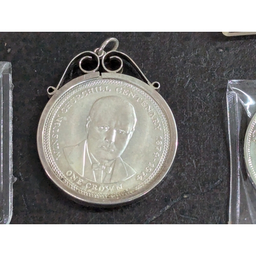 36 - Mixed British coinage to include a 1974 silver Isle of Man crown, mounted in a silver pendant frame,... 