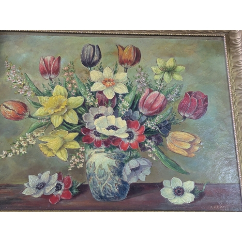 37 - Paintings and prints to include a still live oil on board, depicting flowers in a vase, signed to th... 