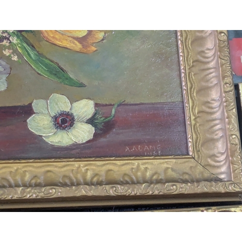 37 - Paintings and prints to include a still live oil on board, depicting flowers in a vase, signed to th... 