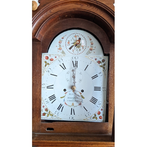 33 - A George III 8-day oak long case clock, the arched top dial signed 'Watts Wotten-Under-Edge', 212H
L... 