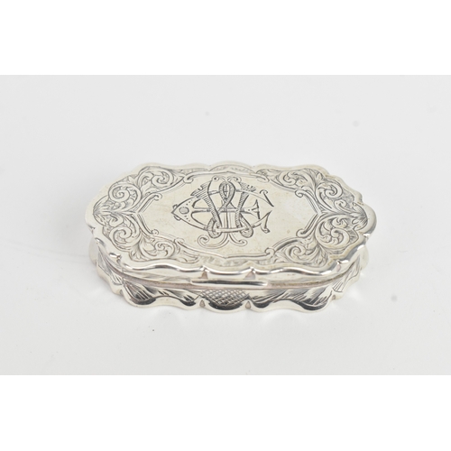 A Victorian silver vinaigrette, by George Unite, hallmarked Birmingham 1879, engraved with monogram to the lid surrounded by floral scrolls, worn silver gilt interior with pierced hinged grille, 5.3cm x 2.7cm, 29.2 grams 
Location: C4
If there is no condition report shown, please request