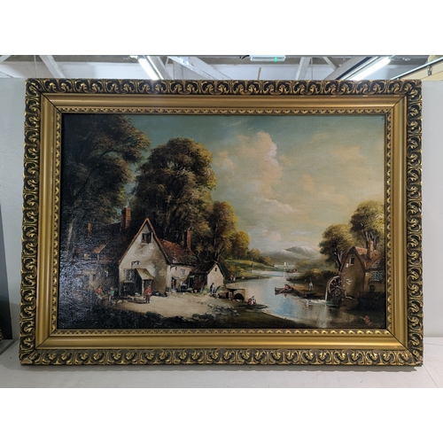 An oil on canvas depicting a landscape scene, with a cottage and people ...
