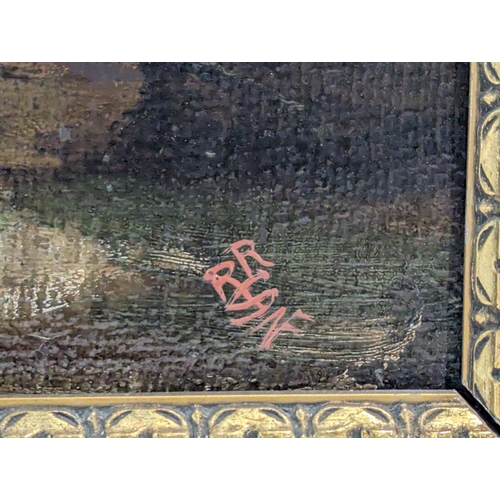 An oil on canvas depicting a landscape scene, with a cottage and people ...