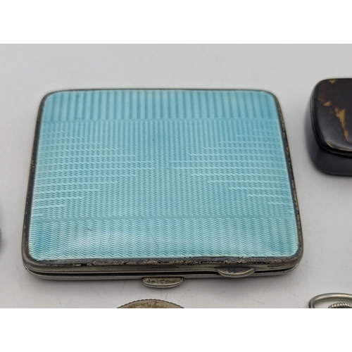 Collectables to include a silver pill box, an enamelled cigarette case ...