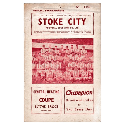 139 - Stoke City v Chelsea 1962 September 1st League small pin hole top centre