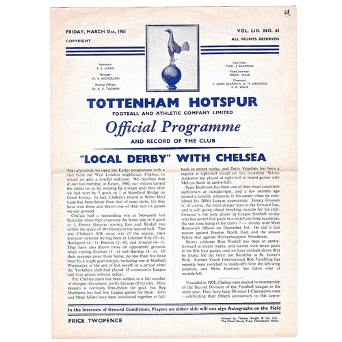 67 - Tottenham Hotspur v Chelsea 1961 March 31st League horizontal crease score & team Change in pen numb... 