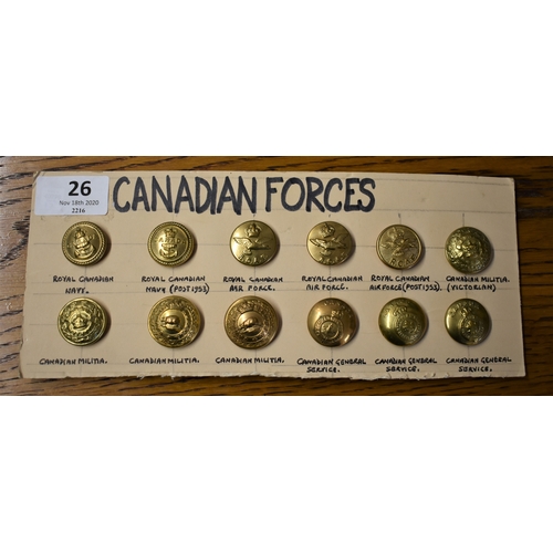 26 - Canadian Forces Military Buttons (12) including: Royal Canadian Navy, Air Force, Militia, General Se... 