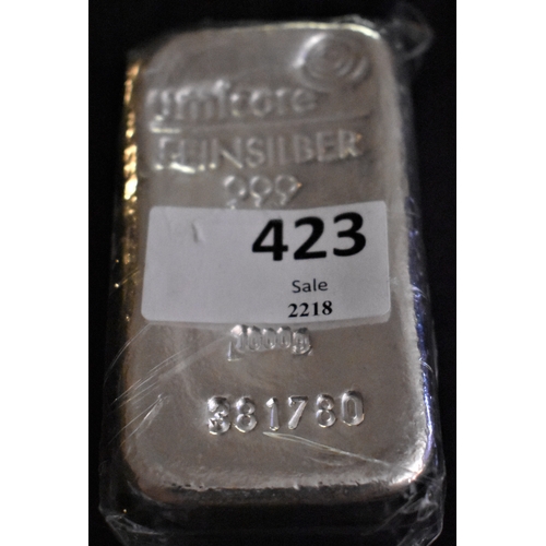 423 - One Kilo Hallmarked Silver Bar (1000 grams) with certificate