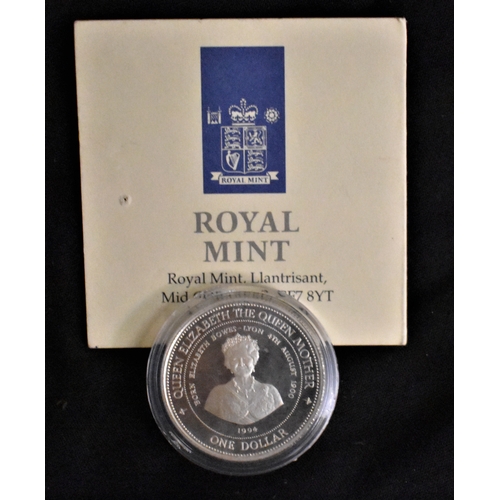 501 - Barbados 1994- Silver Dollar - Queen Elizabeth The Queen Mother with certificate