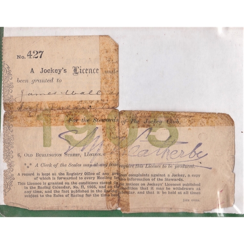 151 - A Horse Racing Jockey's Licence No. 427 granted to James Wall 1905, with ink signature stamp S.M. We... 