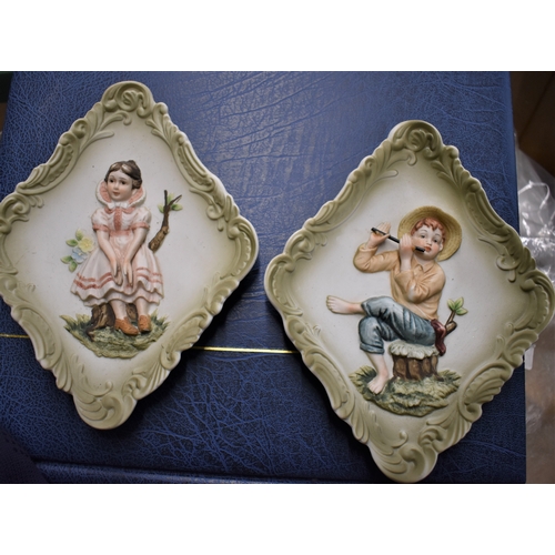 410 - Lefton China Vintage 3D Bisque Hand Painted Girl and Boy Wall Plaques Japan KW4767 series. In fantas... 