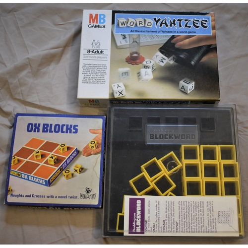 414 - Boxed Vintage games (3) includes: Word 'Yahtzee' (MB), Ox Blocks, Noughts and crosses with novel twi... 