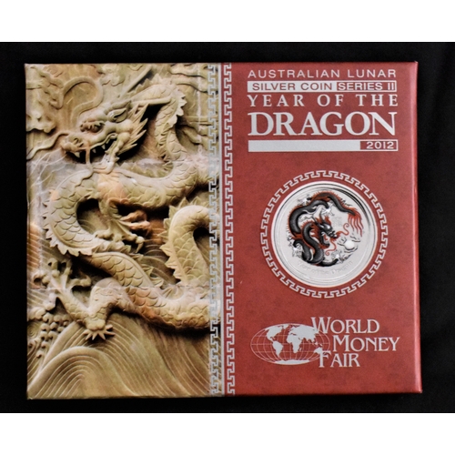 427 - Australia 2012 Silver Dollar, Year of the Dragon (Black and red Dragon) Mint, Boxed with certificate