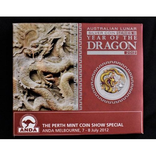 428 - Australia 2012 Silver Dollar, Year of the Dragon (Yellow Dragon) Mint, Boxed with certificate