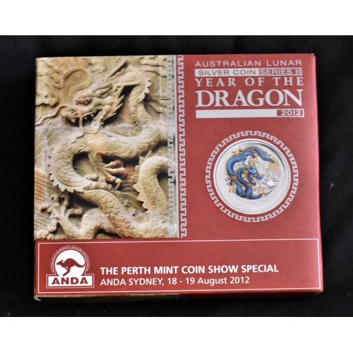 429 - Australia 2012 Silver Dollar (Blue and Yellow Dragon) Boxed with Certificate