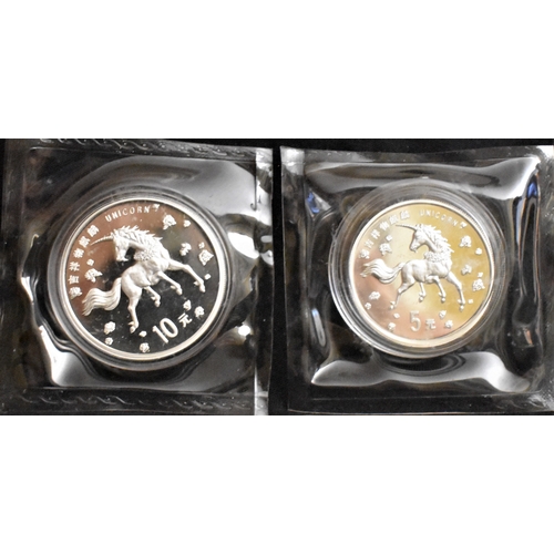 451 - China 10 Yuan and 5 Yuan Silver 'Unicorn' Proof, encased (2)