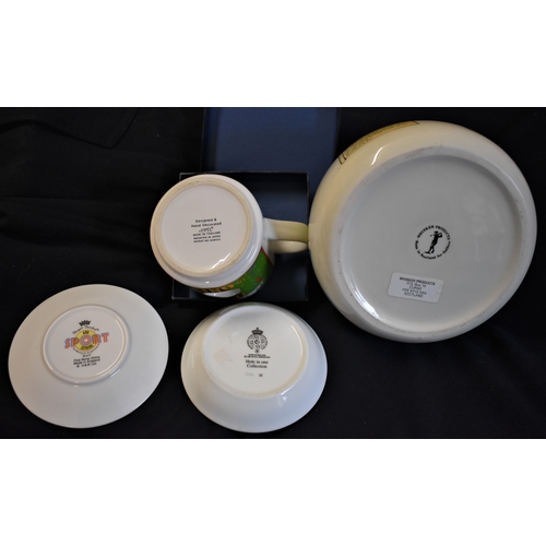 75 - A selection of golfing china/porcelain including: plates, cup, and a decanter. Makers include Royal ... 