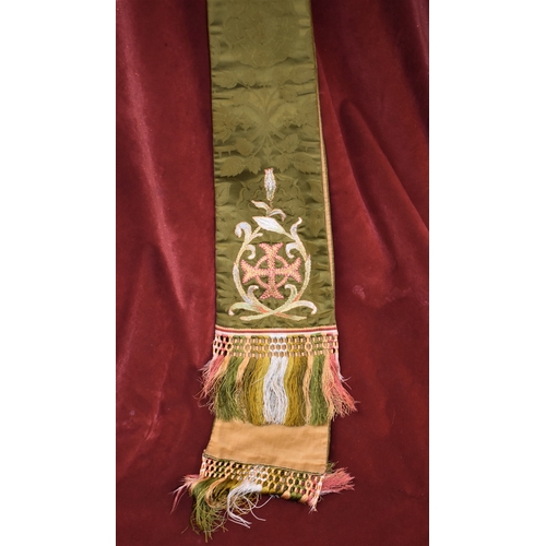 21 - Lot of religious sashes/stoles in different colours and embroidered crosses on end. Colours include ... 