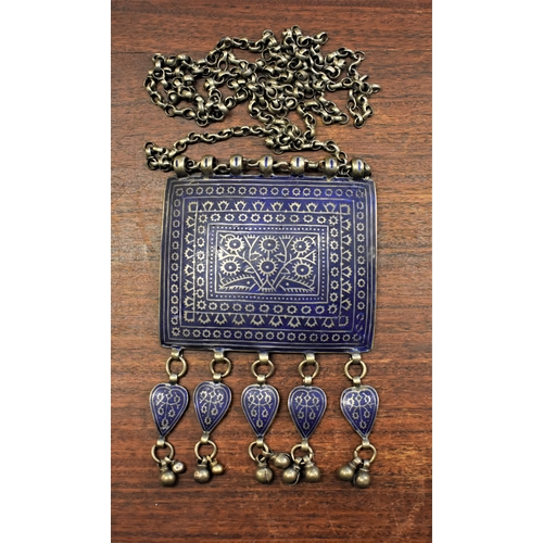 276 - Antique Moroccan Berber White-metal Amulet and Chain , a beautiful Floral design with a Prussian Blu... 