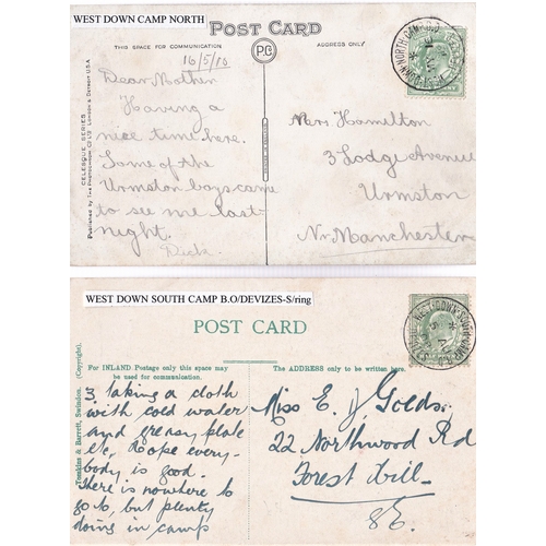 363 - West Down South & North Camp B.O./Devizes 1910 clear full datestamp on postcard, another 1908 (2)