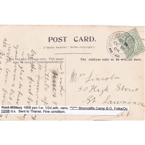 368 - Shorncliffe Camp B.O. Folkstone 1908 datestamp, fine d/ring cancel