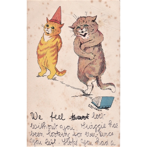 375 - Louis Wain Postcard, used 1904 (Hull Sorting Tender datestamp), Two cats, one a clown amusing the ot... 