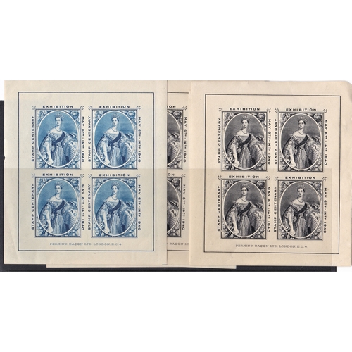 491 - Great Britain 1940 Stamp Centenary Exhibition sheets by Perkins Bacon in black and blue, three of ea... 