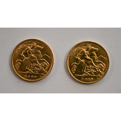 11 - Gold Half Sovereigns 1908 and 1910 (2), EF or better