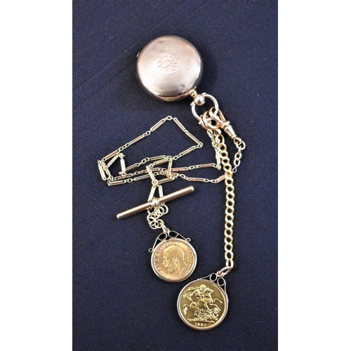 19 - Gold 9ct Tube Bar Light Chain carrying a 1912 Half Sovereign, and a 9ct linked chain carrying an 188... 